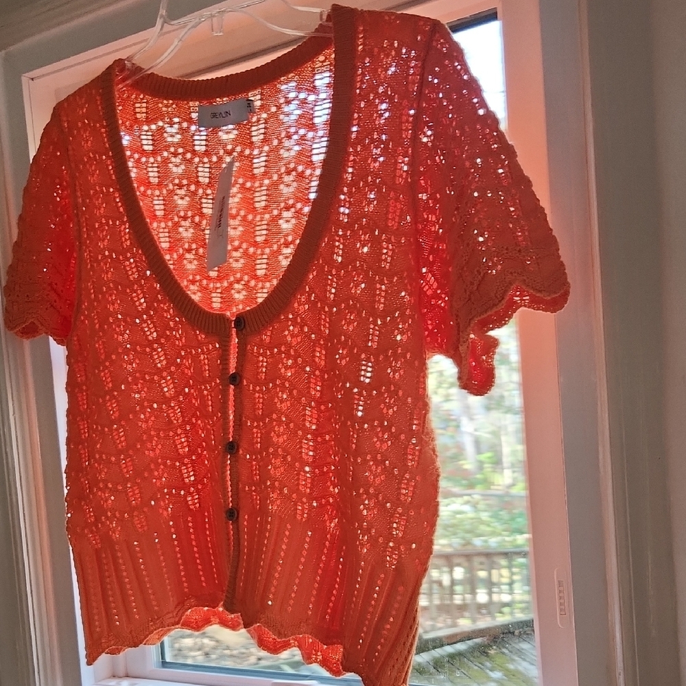 Greylin Shanti S/S Openwork Knit Button-Up Cardigan Or Top M